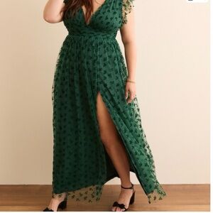ARULA Dark Green Maxi Dress with Ruffle Sleeves